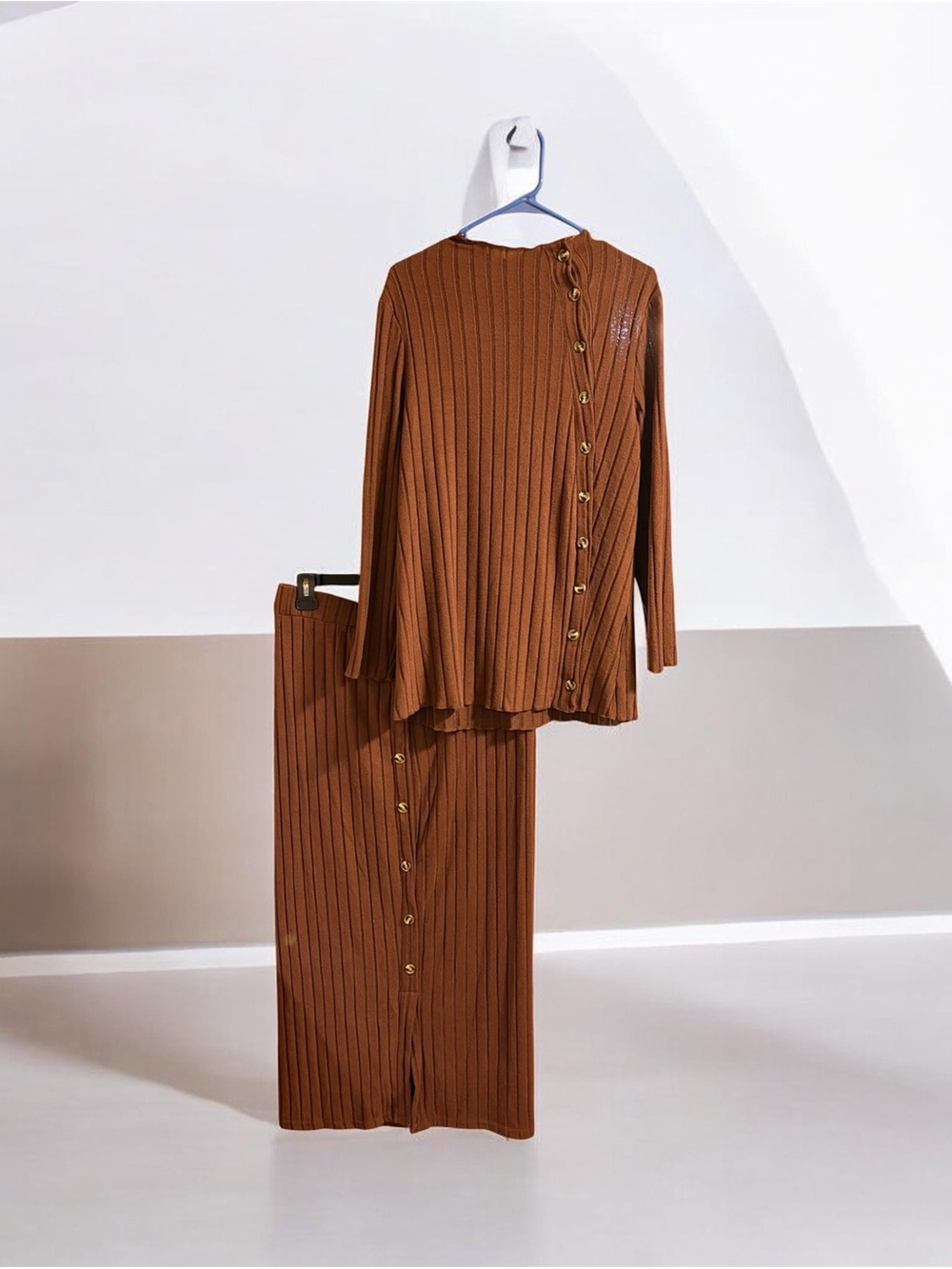 Ribbed Button-Front Two-Piece Skirt Set in Chestnut